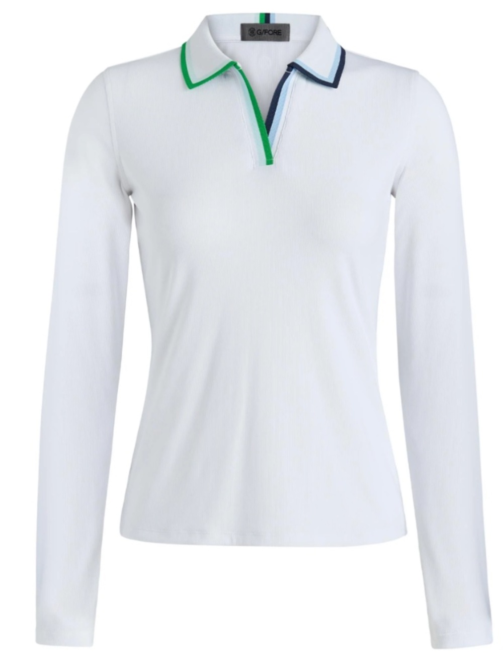 G/FORE Women's Contrast Baby Rib Johnny Collar Long Sleeve Golf Polo Snow NWT
